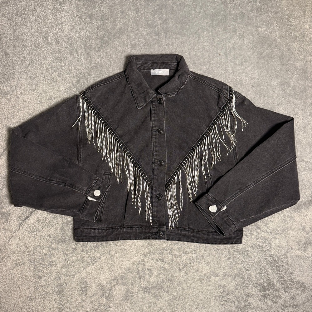 Blue B Collection Size Medium Black Rhinestone Fringe Western Crop Denim Jacket